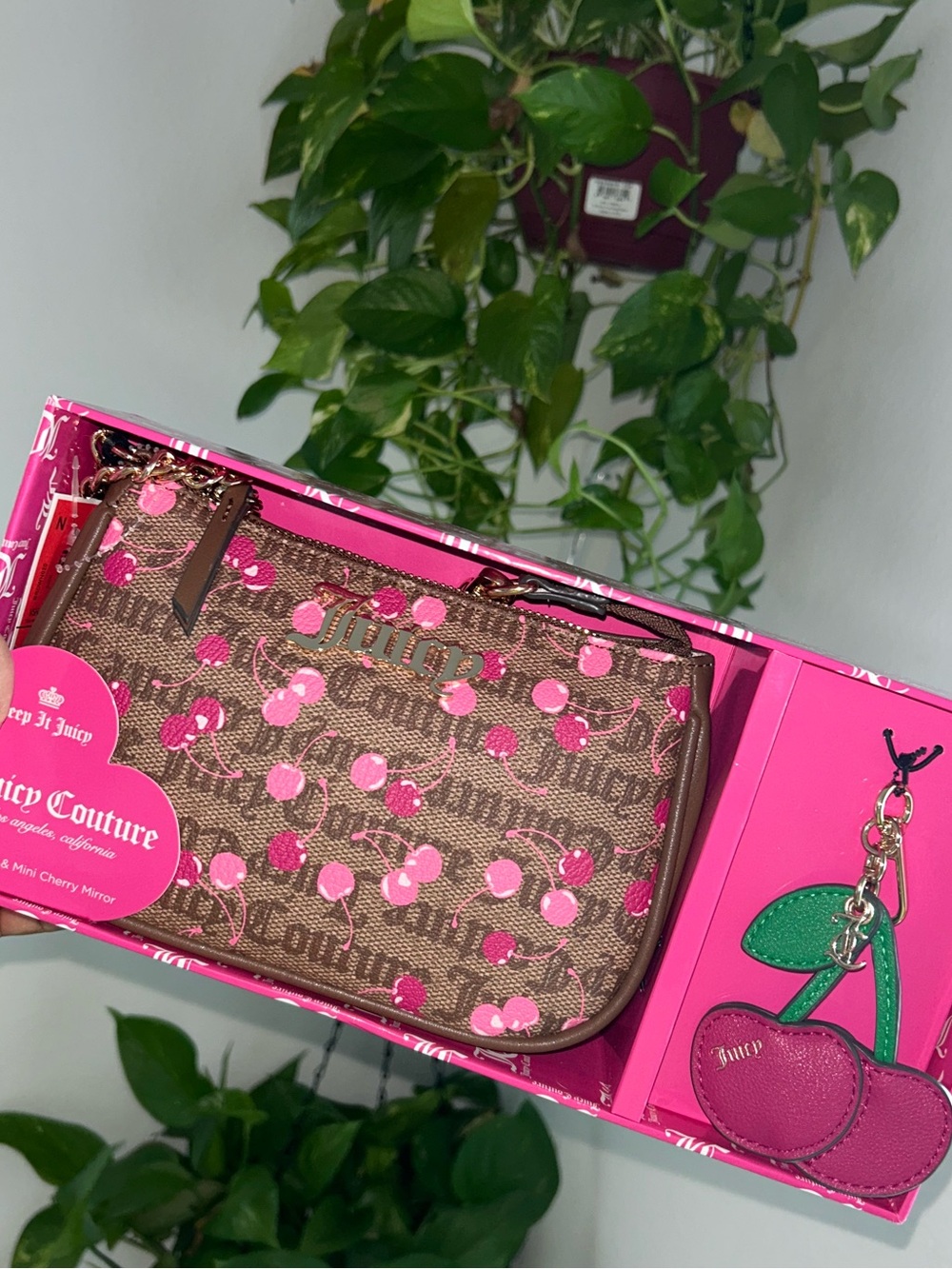 Juicy Couture Brown Monogram Wristlet with Pink Cherry Charm